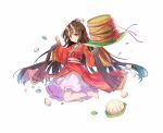  1girl bamboo_steamer bangs baozi barefoot bow breasts brown_hair character_request eyebrows_visible_through_hair food grey_background hands_up horns japanese_clothes kai-ri-sei_million_arthur kimono long_hair long_sleeves looking_at_viewer medium_breasts million_arthur_(series) mitu_yang obi official_art parted_lips pink_skirt pleated_skirt red_bow red_kimono red_ribbon ribbon sash simple_background skirt solo very_long_hair wide_sleeves 