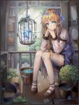  1girl absurdres birdcage blonde_hair blue_eyes blush bucket cage chin_rest crystal dress elbow_rest elf flower flower_pot hair_flower hair_ornament highres long_hair mary_janes original plant pointy_ears shoes short_dress sitting smile solo stool thigh-highs very_long_hair white_legwear 