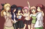  6+girls :d ^_^ arm_around_shoulder arm_up bare_shoulders black_ribbon blonde_hair blue_eyes breasts brown_eyes burn_scar cane casual closed_eyes closed_eyes clothes_writing collarbone doodler drill_hair glasses green_eyes hair_bobbles hair_ornament hair_over_one_eye hair_ribbon hakamichi_shizune hand_up ibarazaki_emi ikezawa_hanako katawa_shoujo long_hair looking_at_viewer medium_breasts mikado_shiina multiple_girls off-shoulder_shirt open_mouth pink_hair ponytail purple_hair redhead ribbon satou_lilly scar school_uniform shirt short_hair shorts simple_background skirt small_breasts smile standing tezuka_rin tied_sleeves twintails violet_eyes waving 