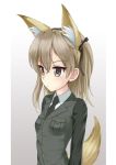  1girl animal_ear_fluff animal_ears bangs black_bow black_neckwear blush bow breast_pocket breasts brown_eyes brown_hair collared_shirt commentary_request eyebrows_visible_through_hair fake_animal_ears flipper fox_ears fox_girl fox_tail girls_und_panzer gradient gradient_background green_jacket grey_background hair_between_eyes hair_bow jacket long_hair long_sleeves looking_away necktie one_side_up parted_lips pocket selection_university_military_uniform shimada_arisu shirt small_breasts solo tail tail_raised upper_body white_background white_shirt 