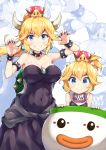  2girls bangs bare_shoulders bib black_dress black_nails blonde_hair blush bowsette bowsette_jr. bracelet breasts brooch claw_pose collar collarbone commentary_request covered_navel crown dress earrings eyebrows_visible_through_hair fingernails forked_eyebrows grin hair_between_eyes hands_up highres horns jewelry koopa_clown_car large_breasts long_hair looking_at_viewer super_mario_bros. medium_breasts miyabi_(miyabeeya) mother_and_daughter multiple_girls nail_polish new_super_mario_bros._u_deluxe nintendo ponytail sharp_fingernails sharp_teeth smile spiked_armlet spiked_bracelet spiked_collar spiked_shell spikes teeth thick_eyebrows turtle_shell v-shaped_eyebrows zoom_layer 