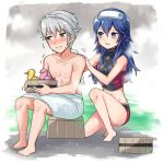  1boy 1girl blue_eyes blue_hair blush chibi fire_emblem fire_emblem:_kakusei long_hair lucina male_my_unit_(fire_emblem:_kakusei) mejiro my_unit_(fire_emblem:_kakusei) nintendo short_hair silver_hair smile tiara towel white_hair 