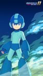  1boy android arm_cannon artist_request blue_eyes capcom helmet highres looking_at_viewer male_focus official_art rockman rockman_(character) rockman_(classic) rockman_11 serious smoke solo weapon 