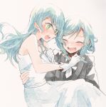  2girls :d ^_^ aqua_eyes bang_dream! bare_shoulders black_suit blush bow carrying clenched_hand closed_eyes closed_eyes dress formal gloves hair_bow hand_on_own_chest hikawa_hina hikawa_sayo incest itomugi-kun long_hair multiple_girls open_mouth princess_carry round_teeth short_hair siblings side_braids sisters smile suit teeth twincest twins upper_teeth wedding wedding_dress white_dress white_gloves white_neckwear wife_and_wife yuri 
