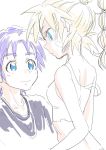  1boy 1girl bandage blonde_hair blue_eyes blue_hair breasts chrono_cross commentary_request facial_mark high_ponytail kid_(chrono_cross) long_hair s-a-murai serge short_hair sketch tank_top 