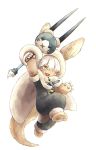  1other alternate_costume ambiguous_gender blush brown_eyes fang felyne felyne_(cosplay) full_body furry highres kawasemi27 long_hair looking_at_viewer made_in_abyss monster_hunter nanachi_(made_in_abyss) one_eye_closed open_mouth rabbit simple_background smile solo tobi-kadachi_(armor) white_background white_hair yellow_eyes 