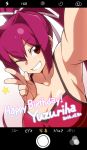  1girl 2016 ;d bare_shoulders breasts cellphone happy_birthday highres iphone looking_at_viewer official_art one_eye_closed open_mouth osawa_sora phone phone_screen ponytail purple_hair red_eyes ribbon self_shot smartphone smile solo star tank_top under_night_in-birth v yuzuriha_(under_night_in-birth) 