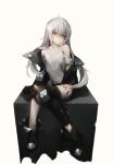  1girl absurdres ahoge black_jacket boots closed_mouth expressionless full_body g11_(girls_frontline) girls_frontline gyup hair_between_eyes hand_on_own_thigh highres jacket long_hair looking_at_viewer off_shoulder silver_hair simple_background sitting solo tank_top white_tank_top 