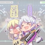 &gt;_&lt; 2girls :d anger_vein ayasaka bang_dream! bangs bass_guitar blonde_hair braid chibi choker comedy commentary_request detached_sleeves eyebrows_visible_through_hair hair_ribbon heart heart-shaped_mouth instrument keytar long_hair multiple_girls open_mouth outline outstretched_arms purple_choker purple_ribbon pushing_away ribbon shaded_face shirasagi_chisato smile spread_arms standing standing_on_one_leg translation_request twin_braids v-shaped_eyebrows wakamiya_eve wavy_mouth white_hair white_legwear white_outline white_ribbon wrist_ribbon xd yellow_choker