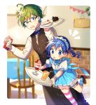  1boy 1girl ahoge asymmetrical_legwear blue_eyes blue_hair blurry blurry_background butler cafe cake chair commentary dress food frilled_dress frills glasses green_hair maid maid_headdress nijisanji orange_juice parfait see-through shibuya_hajime shimada71_72 shirt sparkle striped striped_legwear tray twintails virtual_youtuber wrist_cuffs yuuki_chihiro 