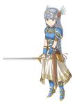  1girl absurdres aqua_eyes armor blue_armor braid breasts closed_mouth commentary_request feathered_wings gold_trim headpiece highres lenneth_valkyrie light_blue_hair long_braid long_hair looking_at_viewer silver_hair small_breasts solo standing sword usukoke valkyrie_profile weapon wings 
