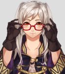  1girl adjusting_eyewear brown_gloves closed_mouth female_my_unit_(fire_emblem:_kakusei) fire_emblem fire_emblem:_kakusei fire_emblem_heroes glasses gloves grey_background highres kamu_(kamuuei) long_hair long_sleeves my_unit_(fire_emblem:_kakusei) nintendo simple_background solo twintails white_hair yellow_eyes 