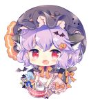  1girl adapted_costume animal_ears aogiri_sei apron bat_hair_ornament bat_wings black_hat bloomers blush bow can candy candy_wrapper capelet cat_ears cat_tail chibi colored_stripes commentary_request dress extra_ears eyebrows_visible_through_hair fangs food food_themed_hair_ornament frills full_body hair_ornament halloween hat hat_ribbon kemonomimi_mode looking_at_viewer lowres mob_cap open_mouth orange_bow orange_ribbon pantyhose pink_dress pointy_ears puffy_short_sleeves puffy_sleeves pumpkin_hair_ornament purple_hair red_eyes remilia_scarlet ribbon short_hair short_sleeves sitting slit_pupils smile solo striped striped_legwear stuffed_animal stuffed_toy tail tail_bow teddy_bear touhou underwear waist_apron wings 
