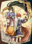  1boy 1girl blue_eyes bow_(weapon) breasts cape durandal_(fire_emblem) fire_emblem fire_emblem_heroes green_eyes green_hair headband high_ponytail horse horseback_riding large_breasts long_hair lyndis_(fire_emblem) nintendo ponytail redhead riding roy_(fire_emblem) shoochiku_bai sword very_long_hair weapon 