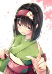  1girl bangs black_hair blush commentary_request creatures_(company) e-co erika_(pokemon) from_above game_freak green_eyes green_kimono gym_leader hairband hakama holding japanese_clothes kimono looking_at_viewer nintendo open_mouth poke_ball pokemon pokemon_(game) pokemon_lgpe short_hair smile solo upper_body 
