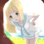  1girl absurdres bent_over blonde_hair blue_sky blush braid breasts clouds collarbone cowboy_shot creatures_(company) day french_braid game_freak green_eyes hand_on_hip happy highres ko_to_tsuki legs_together lillie_(pokemon) looking_at_viewer medium_breasts miniskirt nintendo open_mouth outdoors pleated_skirt pokemon pokemon_(game) pokemon_sm ponytail shirt short_sleeves skirt sky small_breasts smile tied_hair white_shirt white_skirt 