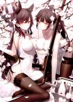  2girls all_fours alternate_costume animal_ears atago_(azur_lane) azur_lane bangs black_hair black_legwear blush bow breasts brown_eyes cleavage closed_mouth criss-cross_halter cropped dress elbow_gloves extra_ears eyebrows_visible_through_hair flower gloves hair_bow hair_flaps hair_flower hair_ornament hair_ribbon halter_dress halterneck highres holding holding_sword holding_weapon katana lace lace-trimmed_gloves lace-trimmed_legwear large_breasts leaning_forward long_hair looking_at_viewer mole mole_under_eye multiple_girls official_art ponytail ribbon scan sheath sheathed shinooji side_slit sidelocks smile swept_bangs sword takao_(azur_lane) tareme taut_clothes taut_dress thigh-highs tsurime very_long_hair weapon white_bow white_dress white_gloves white_ribbon 