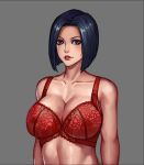  1girl bare_shoulders black_hair bra breasts brown_eyes cleavage collarbone commentary_request jin_yi_dui lace lace_bra large_breasts looking_at_viewer midriff original parted_lips short_hair underwear 