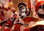  5girls admiral_graf_spee_(azur_lane) admiral_hipper_(azur_lane) azur_lane barrel beer_mug black_gloves black_hair blue_eyes boots breasts cropped cross-laced_footwear cup deutschland_(azur_lane) drinking_glass drunk dutch_angle fur_trim gauntlets gloves graf_zeppelin_(kantai_collection) green_eyes grin gunblade hat headgear highres indoors lack legs_crossed looking_at_viewer medium_breasts military_hat mouth_hold multicolored_hair multiple_girls official_art pantyhose prinz_eugen_(azur_lane) red_eyes redhead scan sharp_teeth sitting smile streaked_hair table teeth thigh_strap tsurime two_side_up under_boob weapon white_hair wine_glass 