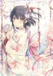  1girl 6u_(eternal_land) absurdres bangs bug butterfly closed_mouth floral_print hair_ornament highres holding insect japanese_clothes kimono looking_at_viewer original petals sash scan smile solo wide_sleeves 