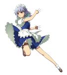  1girl absurdres apron blue_dress bow braid brown_footwear dress full_body hair_bow highres holding holding_weapon holster izayoi_sakuya knife maid maid_apron maid_dress maid_headdress official_art red_eyes short_sleeves silver_hair simple_background socks thigh_holster touhou twin_braids waist_apron weapon white_background white_legwear 