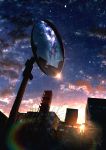  absurdres artist_name branch building cityscape clouds cloudy_sky commentary_request highres kumeki_(kk4615) leaf light light_rays milky_way mirror no_humans original outdoors post rainbow reflection scenery signature sky skyscraper star_(sky) starry_sky sun sunbeam sunlight sunset tree 