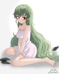  1girl alternate_hairstyle anchovy bangs bare_shoulders black_nails blurry blurry_background blush breasts closed_mouth commentary dated eyebrows_visible_through_hair full_body girls_und_panzer green_hair hair_down half-closed_eyes light_frown lingerie long_hair looking_at_viewer medium_breasts nail_polish negligee red_eyes sitting solo tacch twitter_username underwear v_arms very_long_hair 