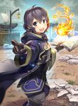  1girl black_eyes black_gloves black_hair boat book clouds company_name copyright_name crate fire fire_emblem fire_emblem:_kakusei fire_emblem_cipher flame from_side gloves hmk84 holding holding_book hood hood_down long_sleeves looking_to_the_side magic_circle mark_(female)_(fire_emblem) mark_(fire_emblem) nintendo official_art open_book open_mouth pointing robe short_hair sky solo watercraft wide_sleeves 