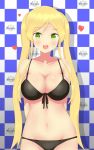  1girl :d absurdres arms_behind_back azur_lane bangs bare_shoulders bikini black_bikini blonde_hair blue_background blush breasts checkered checkered_background cleavage collarbone copyright_name cowboy_shot eyebrows_visible_through_hair front-tie_bikini front-tie_top green_eyes groin heart highres hornet_(azur_lane) large_breasts logo long_hair looking_at_viewer navel open_mouth parted_bangs sidelocks smile solo swimsuit teeth twintails white_background yuujoduelist 
