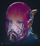  1girl bangs black_background blue_eyes blunt_bangs commentary cyberpunk english_commentary erica_june_lahaie face_mask facial_mark highres looking_at_viewer mask original patreon_username pink_hair portrait science_fiction sidelocks simple_background solo watermark web_address 
