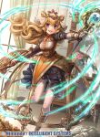  1girl alice_(fire_emblem) axe blonde_hair blue_eyes breasts company_name copyright_name dress fire_emblem fire_emblem_cipher flower fumi_(butakotai) holding holding_axe holding_staff long_hair looking_at_viewer medium_breasts mirror nintendo official_art open_mouth smile solo staff standing white_legwear window 