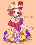  1girl :d alternate_costume blush brown_eyes brown_hair candy candy_cane cherry choker commentary_request do_m_kaeru food food_themed_clothes fruit heart jack-o&#039;-lantern lollipop okumura_haru open_mouth persona persona_5 persona_5:_dancing_star_night short_hair skirt smile solo twitter_username 