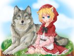  1girl animal animal_ears aqua_eyes belt blonde_hair blue_eyes bow capelet frilled_skirt frills hood hood_up little_red_riding_hood little_red_riding_hood_(grimm) long_sleeves original red_skirt shirt short_hair sitting skirt wolf yunagi_(arukumaruta) 