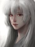  1girl bangs closed_mouth commentary english_commentary eyelashes hair_between_eyes lips long_hair looking_at_viewer nose original portrait red_eyes solo viet_le_quoc white_hair 
