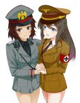  2girls absurdres adolf_hitler armband bangs benito_mussolini black_hair blue_eyes breast_press breasts brown_eyes brown_hair cowboy_shot eyes_visible_through_hair fringe genderswap genderswap_(mtf) germany hand_holding hat highres iron_cross italy long_hair looking_at_viewer medium_breasts military military_hat military_uniform multiple_girls nazi necktie no_pants open_mouth parted_lips real_life short_hair smile source_request standing symmetrical_docking uniform world_war_ii 
