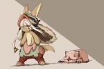  1girl 1other alternate_eye_color animal_ears closed_mouth eyebrows_visible_through_hair facial_scar furry helmet highres kawasemi27 long_hair looking_away made_in_abyss mitty_(made_in_abyss) nanachi_(made_in_abyss) red_eyes scar standing tail white_hair 