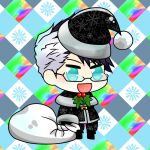  1boy :d aki_usagi alternate_costume black-framed_eyewear black_headwear blush chibi christmas fate/grand_order fate_(series) fur-trimmed_jacket fur_trim gift_bag glasses hat highres holding holding_sack jacket long_sleeves male_focus meme padoru_(meme) pants sack santa_costume santa_hat sigurd_(fate) smile solo 