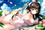  1girl 3: azur_lane black_hair blurry blurry_foreground bokken bow breasts brown_eyes casual_one-piece_swimsuit center_opening cleavage cowboy_shot criss-cross_halter cropped depth_of_field dutch_angle hair_bow hair_flaps halterneck highres large_breasts long_hair lying navel official_art on_side one-piece_swimsuit oryou partially_submerged petals ponytail ribbon scan solo swimsuit sword takao_(azur_lane) water weapon wet white_bow white_ribbon white_swimsuit wooden_sword 