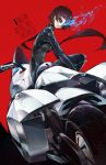  1girl biker_clothes bodysuit brown_hair english gloves ground_vehicle highres joanna_(persona_5) labombardier! looking_at_viewer mask motor_vehicle motorcycle niijima_makoto persona persona_5 red_background red_eyes scarf short_hair shoulder_spikes sitting spikes 