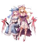  2girls :d absurdres arm_garter arms_under_breasts bangs bare_shoulders black_footwear blonde_hair blue_dress blue_hat blush bow breasts bug butterfly center_frills choker cleavage collarbone cross-laced_footwear dress eyebrows_visible_through_hair fan folding_fan gap geta gloves hair_between_eyes hat hat_ribbon highres holding holding_fan insect large_breasts long_hair long_sleeves looking_at_viewer medium_breasts minust mob_cap multiple_girls off-shoulder_dress off_shoulder open_mouth petticoat pink_eyes pink_hair purple_dress red_bow red_choker red_footwear red_ribbon ribbon ribbon-trimmed_sleeves ribbon_choker ribbon_trim saigyouji_yuyuko shoes short_sleeves simple_background sitting smile socks touhou triangular_headpiece veil violet_eyes white_background white_dress white_gloves white_hat white_legwear wide_sleeves yakumo_yukari 