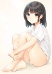  1girl ass bangs bare_legs barefoot bashosho beige_background blush brown_eyes brown_hair closed_mouth commentary_request eyebrows_visible_through_hair fingernails highres leg_hug long_hair looking_at_viewer original panties shirt short_sleeves simple_background sitting smile solo thighs toenails underwear white_panties white_shirt 