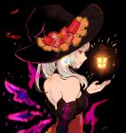  1girl black_background bow female_my_unit_(fire_emblem:_kakusei) fire_emblem fire_emblem:_kakusei fire_emblem_heroes from_side gimurei halloween_costume hat hat_bow highres lantern looking_to_the_side my_unit_(fire_emblem:_kakusei) nintendo parted_lips red_bow red_eyes sasaki_(dkenpisss) signature simple_background solo white_hair witch_hat 