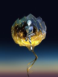  1other androgynous aqua_eyes aqua_hair chin_rest flower gem_uniform_(houseki_no_kuni) gold golden_arms houseki_no_kuni looking_at_viewer lotus phosphophyllite setanogiant short_hair sitting solo 