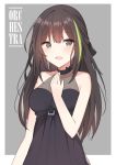  1girl absurdres alternate_costume bangs black_dress black_eyes black_ribbon blush breasts brown_hair buckle collarbone dress eyebrows_visible_through_hair girls_frontline green_hair grey_background hair_between_eyes hair_ribbon halter_dress hand_up highres long_hair looking_at_viewer m4a1_(girls_frontline) medium_breasts multicolored_hair open_mouth outside_border paaru ribbon sidelocks simple_background strap streaked_hair upper_body 