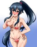  1girl bikini black_hair blue_background blush breasts cleavage collarbone commentary_request cowboy_shot front-tie_top gradient gradient_background hand_on_hip highres kantai_collection large_breasts long_hair navel open_mouth ponytail red_bikini red_eyes scrunchie side-tie_bikini sidelocks solo swimsuit wet white_background yahagi_(kantai_collection) zanntetu 