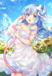  1girl bare_arms bare_shoulders between_legs blue_eyes blue_hair blue_sky blurry blurry_background blush bow breasts cleavage collarbone cowboy_shot day depth_of_field dress emori_miku emori_miku_project flower gomano_rio hair_bow hair_ornament hairclip highres holding holding_hose hose large_breasts lens_flare long_hair looking_at_viewer nail_polish one_side_up open_mouth orange_nails petals see-through sky solo standing strap_slip sundress sunflower water wet wet_clothes wet_dress white_bow white_dress 