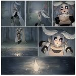  ! 1girl :o antennae artist_name black_sclera comic commentary english_commentary forest fur_collar grey_hair heart highres long_hair matilda_vin monster_girl moth_girl moth_wings mother_lumi multiple_arms nature night original outdoors silent_comic tree water white_eyes wings 