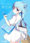  1girl bag bangs blue blue_background blue_eyes blue_hair blue_nails blush cellphone closed_mouth commentary_request dress earrings eyebrows_visible_through_hair fingernails hair_between_eyes holding holding_bag holding_cellphone holding_phone jewelry long_hair looking_at_viewer looking_back nail_polish original phone pixiv pixiv-tan shiratama_(shiratamaco) shopping_bag short_sleeves sidelocks solo twintails two-tone_background very_long_hair white_dress 
