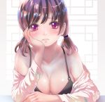  1girl blush breasts brown_hair chin_rest cleavage floral_print frown indoors looking_at_viewer non_(6nezuuyamar9) original short_twintails sitting solo twintails upper_body violet_eyes 