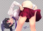  1girl bangs bent_over black_hair blush breasts collared_shirt commentary_request eyebrows_visible_through_hair fang hair_between_eyes hair_ribbon highres long_hair long_sleeves necktie open_mouth original panties pleated_skirt purple_neckwear purple_ribbon red_skirt ribbon shirt skirt skirt_pull small_breasts solo tetsubuta translated twintails underwear violet_eyes white_panties white_shirt 